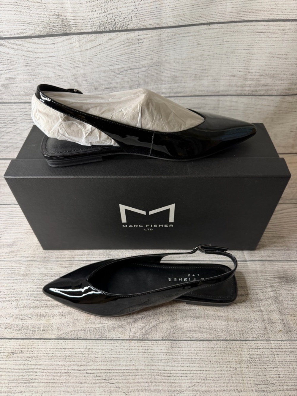 Marc Fisher Black Patent Slingback Pointed-Toe Flats